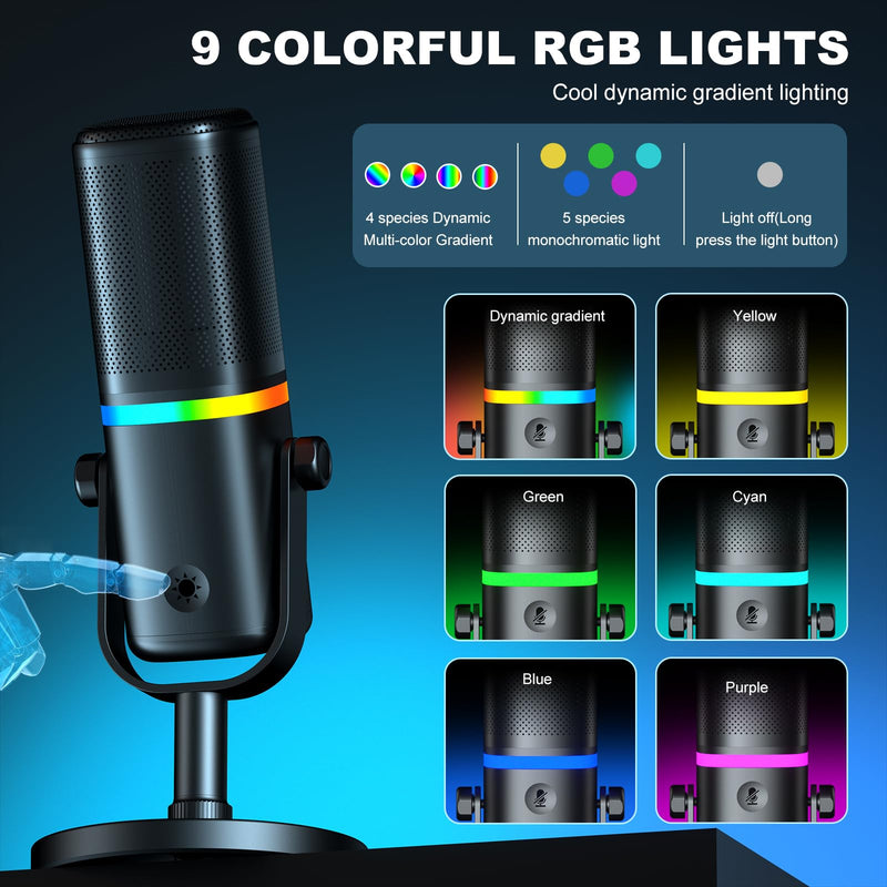 Aokeo Microphone for PC, AK-10 USB/XLR Dynamic Desktop Microphone for Gaming,Podcast,Streaming with RGB Light,Volume Control,Mute Button,Noise Reduction(White) AK-10white