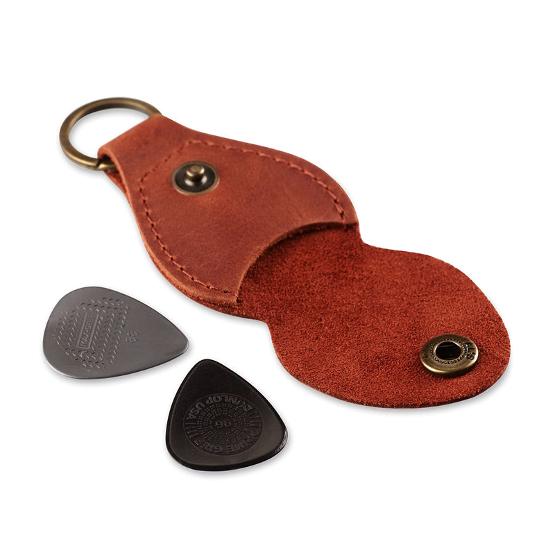 Leather Guitar Pick Holder Keychain, Guitar Pick Holder Case Bag, Plectrum Key Fob Cases Bag, Gift for Guitar Players (Cognac) Cognac