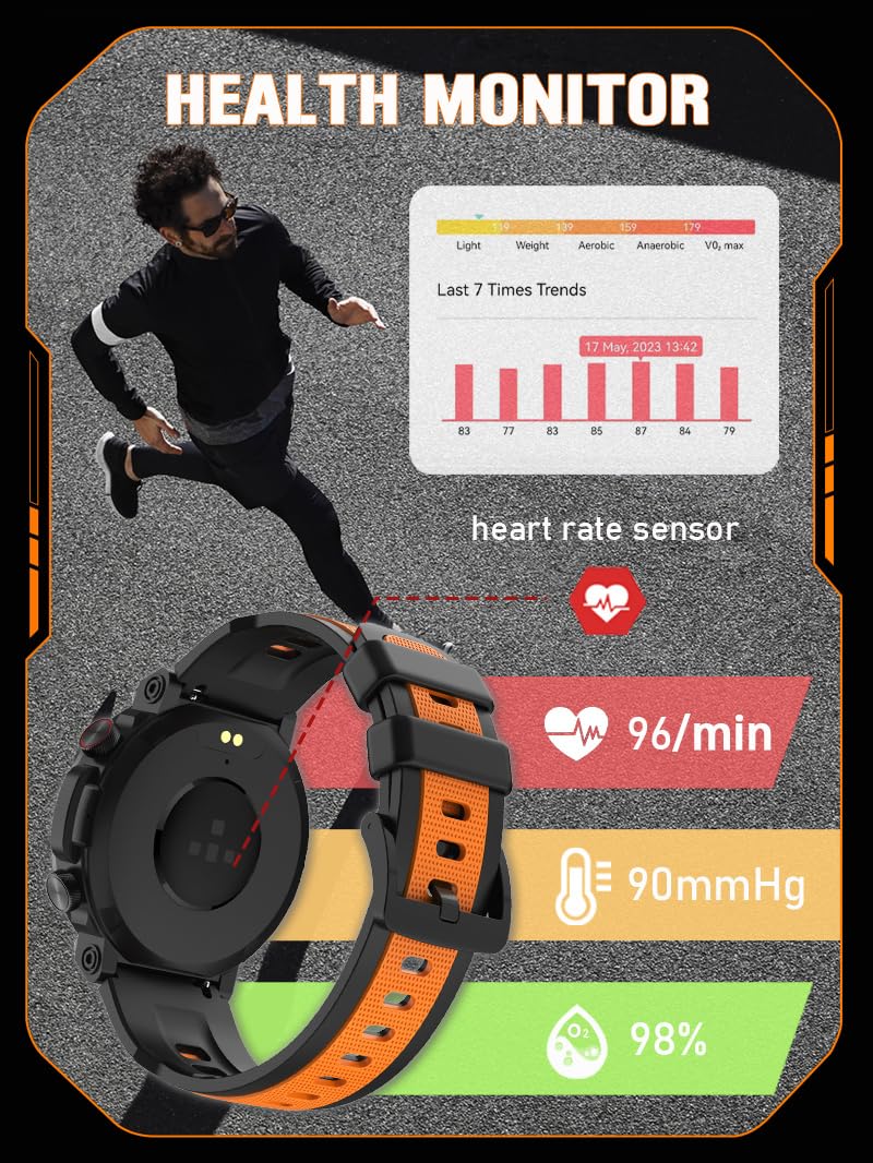 Loluka Military Smart Watches for Men Tactical Smartwatch Make Answer Calls Heart Rate Monitor Fitness Tracker for Exercise Data 100+ Sport Modes Compatible with Android iOS black