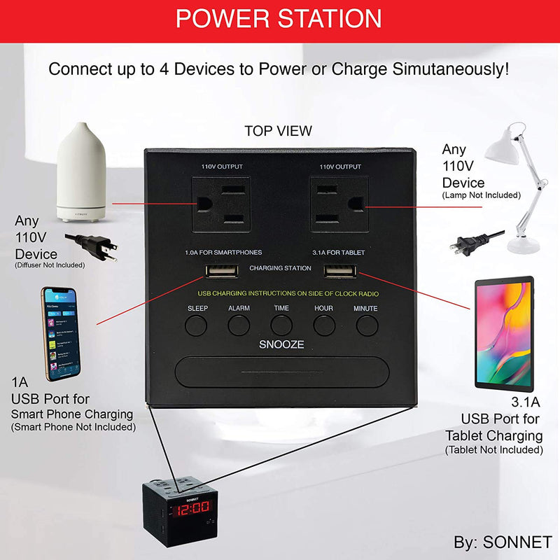 Sonnet Alarm Clock Charging Station, AM FM Radio, Dual USB Charging Ports, Dual AC Outlets, Very Loud Alarm Clock for Heavy Sleepers and The Hearing Impaired for Desk, Bedroom R1414-NO BLUETOOTH