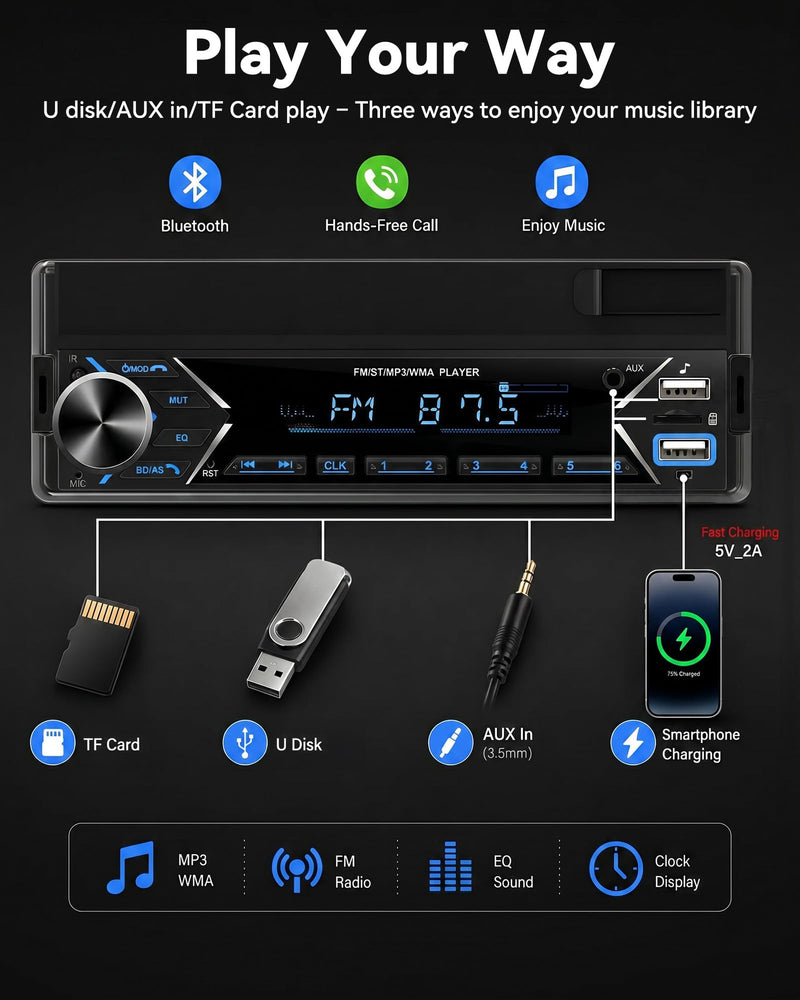 Single DIN Car Stereo Bluetooth Car Radio with FM/MP3/AUX Dual USB SWC Colorful Lights Phone Holder & Wireless MIC P2