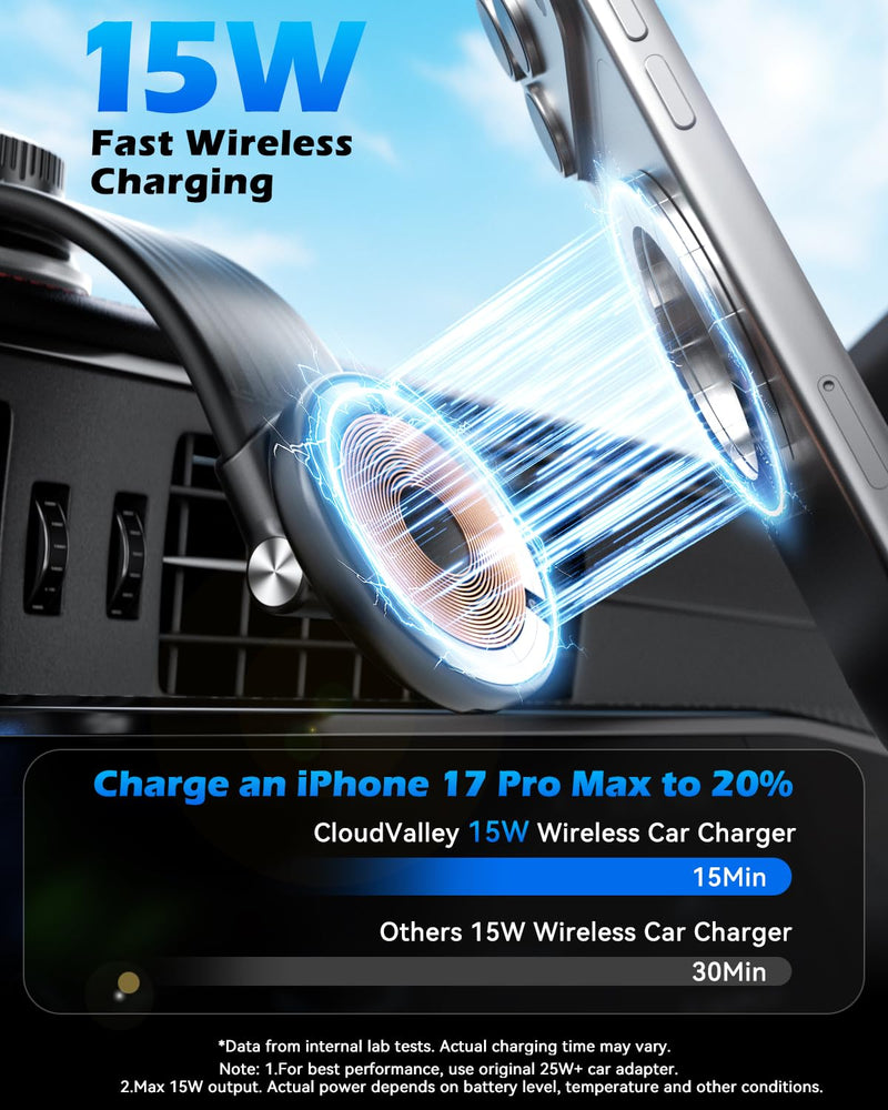 CloudValley Magnetic Car Mount with 15W Fast Charging, 360° Adjustable Bendable Aluminum Arm, Dashboard & Windshield Wireless Charger Phone Holder with Upgraded Silicone Adhesive Pad for iPhone Magnetic Wireless Car Charger