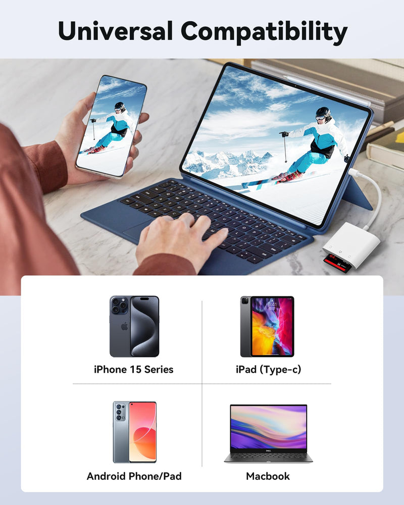 SD Card Reader USB C for iPhone 15/Android Phone/iPad/Mac/Laptop, Three Card Slot Micro SD Card Reader Supports SD Micro SD CF Card, Digital Camera Viewer Memory Card Reader Plug and Play three slot (USB-C)