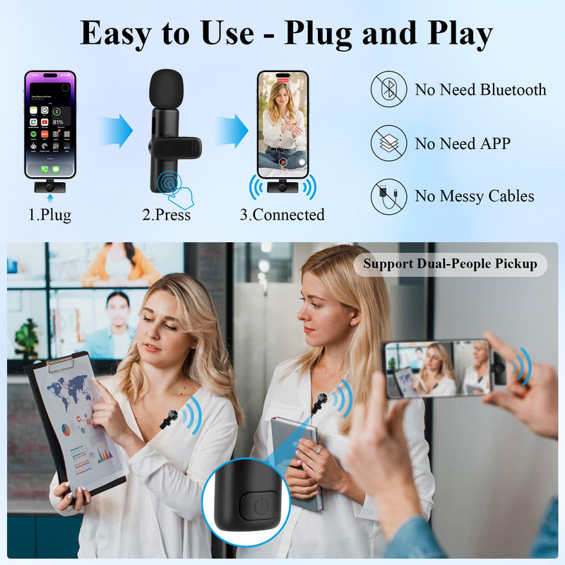 2 Pack Professional iPhone Wireless Lavalier Microphone for iPad, Crystal Clear Sound Quality with Noise Reduction Lapel Microphone Plug-Play for Interview Video Podcast Vlog YouTube TikTok Lightning Interface