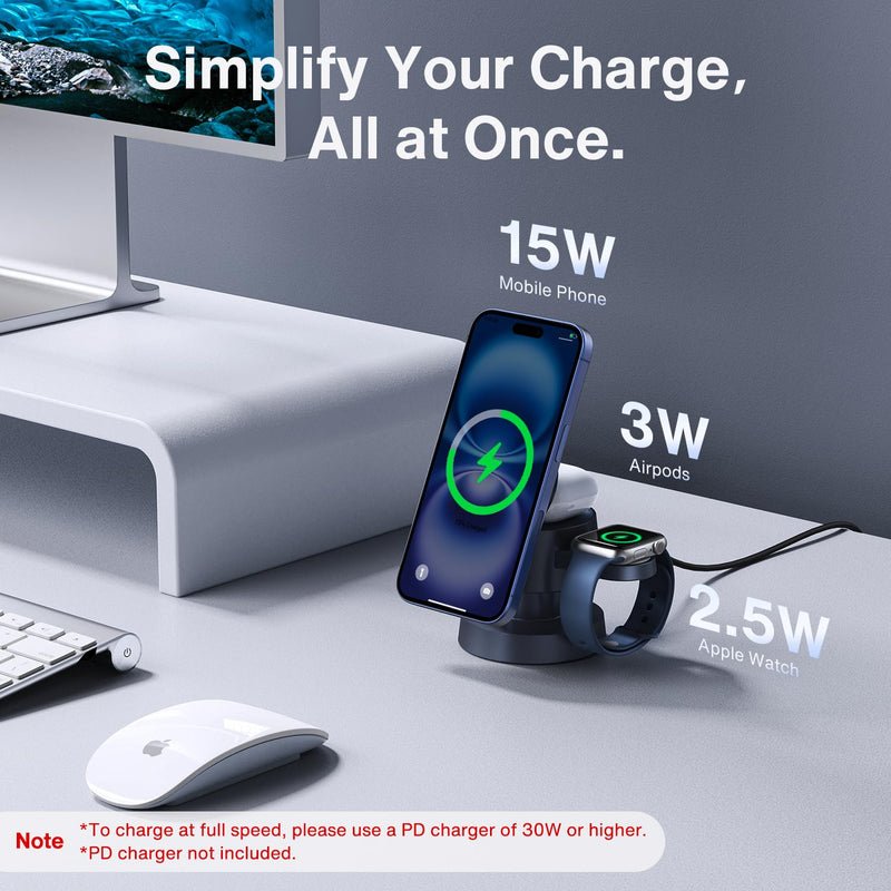 [AUSTRALIA] - iVANKY for iPhone 16 Pro Max 4 in 1 Wireless Charging Station with Mushroom Light for MagSafe Magnetic Charger, 22.5 W Travel Stand, 3 in 1 Fast Charge Multiple Devices, Apple iWatch Ultra, Airpods 4 in 1 with Night Lamp Without Power Adapter 