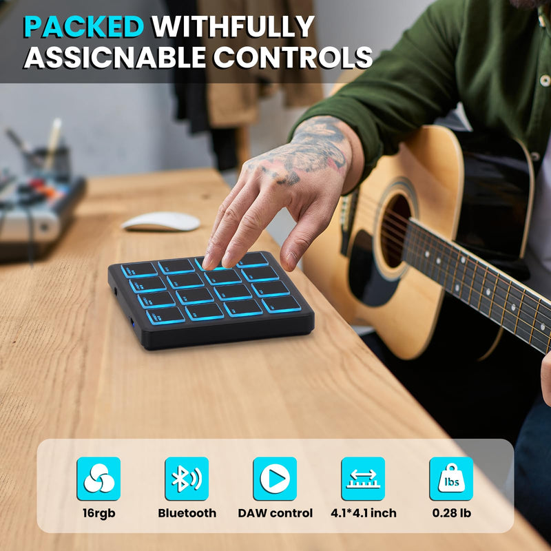 M-VAVE Wireless MIDI Controller Pads, 4.1 * 4.1 Inch, 0.28 LBS, Bluetooth Portable USB with 16 Drum, Note Repeat, Full Level Buttons, Rechargeable battery (Black Pocket)