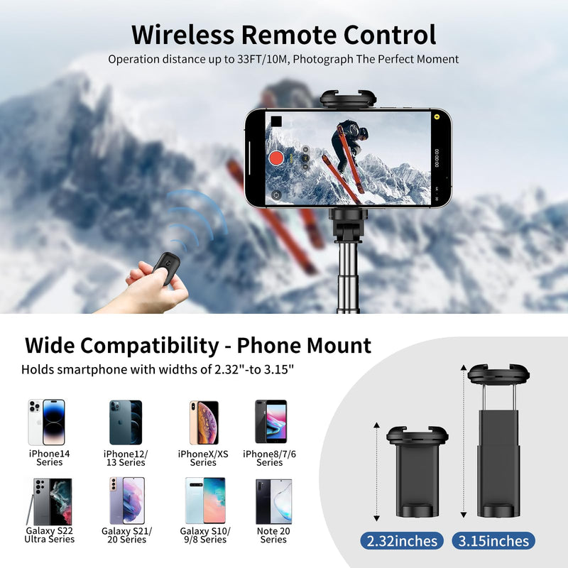 Joyful 72" Phone Tripod & Selfie Stick,Extendable Cell Phone Tripod Stand with Wireless Remote Control and Cold Shoe Mount,Compatible with iPhone and Samsung Android for Video/Photo/Vlog (Black)