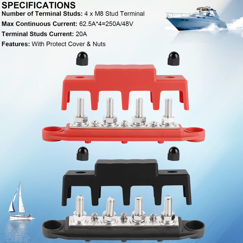 CPROSP 2-Piece Collecting Rail with Lid 250 A, Power Distribution Rail with 4 x M8 Bolt Connection, Battery Connection Block 5/16 Inches, BusBar Box for Car, RV, Boat, Yacht 250A--4*M8