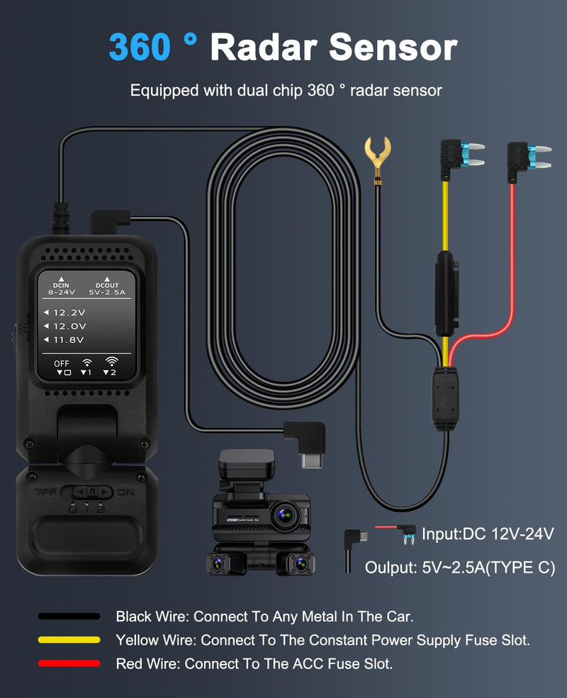 USB-C Dash Cam Hardwire Kit with 360° Radar & 24H Parking Monitor | USB-C hardwire kit with dual 360° radar, 24H parking monitor, low voltage protection and 12V-24V compatibility.