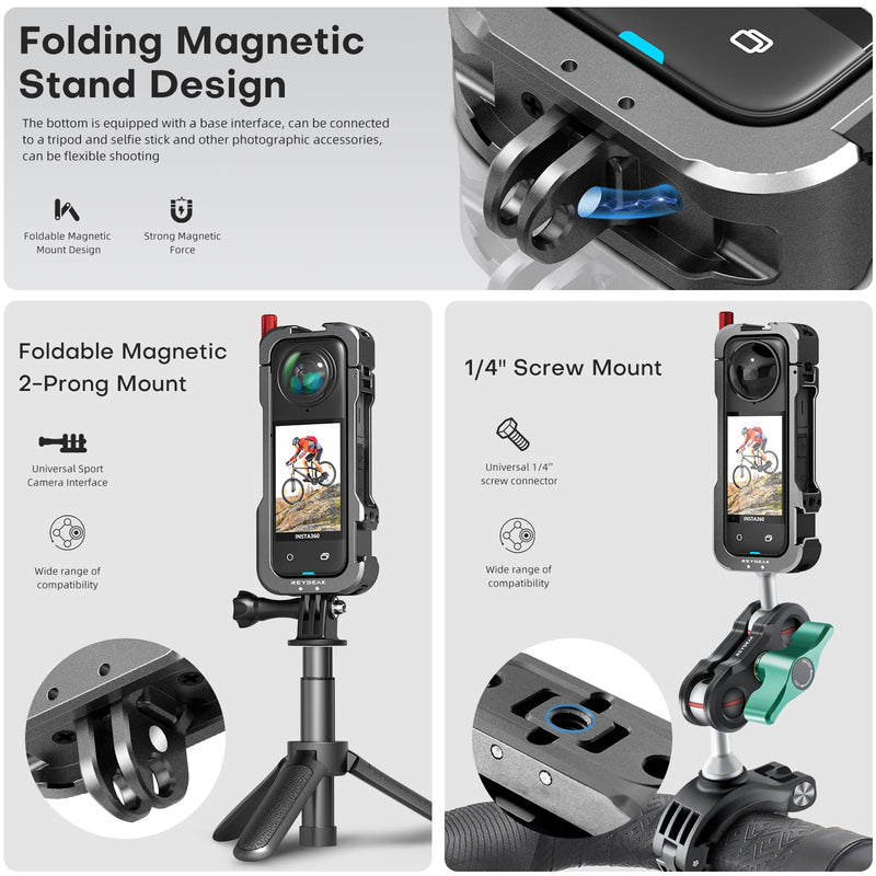 REYGEAK for insta-360 X4 Case, Aluminium Utility Frame for Insta360 X4,Protective Cage with Silicone Lens Cover,Cold Shoe Interface with 1/4" Threads Cold Shoe Mount Folding Fingers