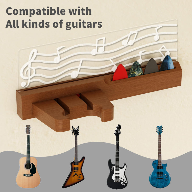 Guitar Wall Mount Stand with LED Lights - Solid Wood & Acrylic USB-Powered Guitar Accessories - Gift for Men, Guitar Players, Music Lovers (for Acoustic, Electric Bass, Ukulele) Warm yellow music note
