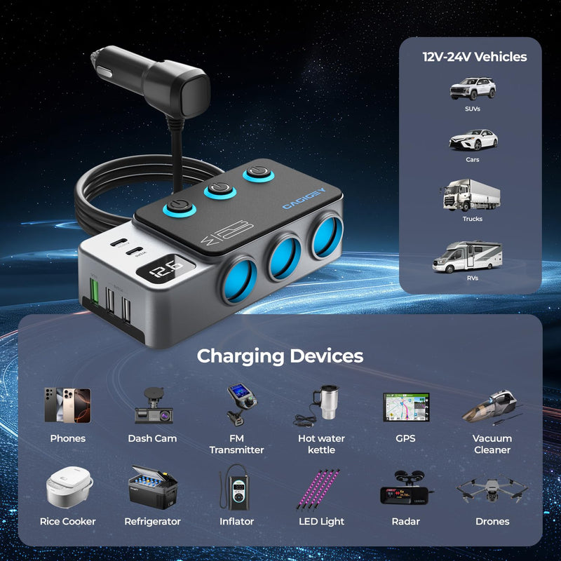 120W 8 in 1 Cigarette Lighter Splitter,Cagigey Car Super Fast Charger Adapter with Type-C QC3.0 PD35W Charging,Multi Port Plug Outlet,Independent Switches, LED Display,3.3FT Cable