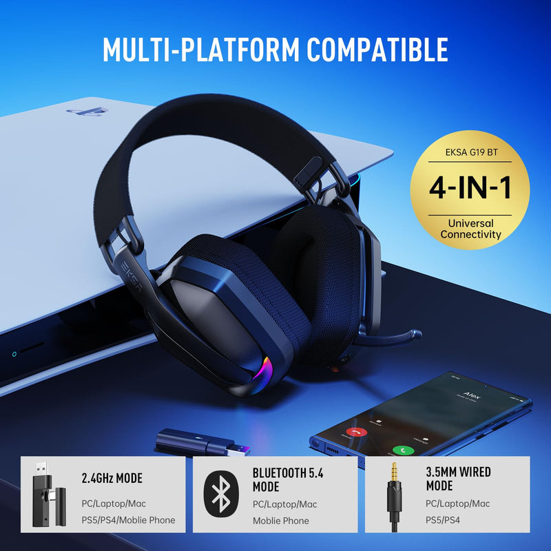 EKSA 2.4GHz Wireless Gaming Headset for PS5/PS4, PC, Switch, Mac, Bluetooth 5.4 Gaming Headphones with Noise Cancelling Microphone, 169g Ultralight, RGB, Type-C, 35H Battery, Wired Computer Headphones Black