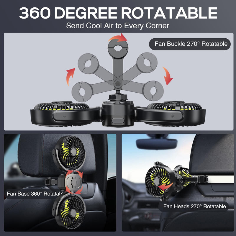 Dealswin Rechargeable Car Fan for Backseat Kids, Battery and USB Dual Power Car Fans, Independent Control 360°Adjustable Dual Head Car Seat Fan Headrest Cooling Fan for Sedan SUV RV Truck Vehicle Large Green (Rechargeable)