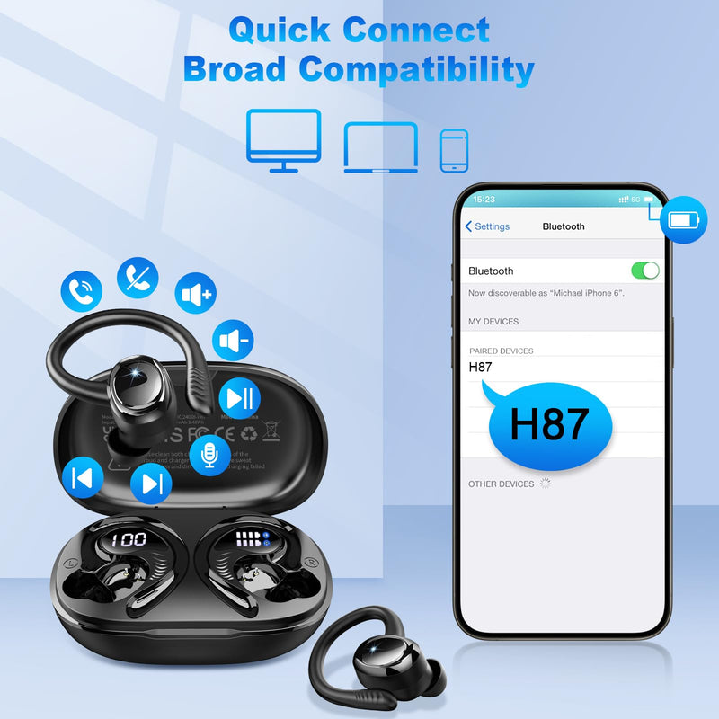 Hupoaf Wireless Earbuds Sport, NEW Bluetooth 5.4 Headphones with Earhooks, 50H Stereo Deep Bass Over Ear Buds with 4 ENC Noise Canceling Mics, IP7 Waterproof Earphones for Running Workout Gym -Black A-Black