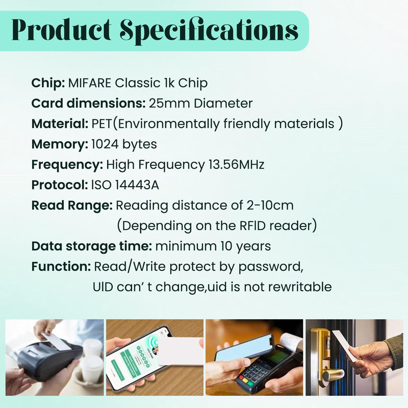 50 PCS BABIQT MIFARE Classic 1K Tags S50 RFID Stickers NFC Tags, Smart Mifafre Classic Tags ISO 14443A 13.56 MHz Mifare 1K Stickers MF1 Self-Adhesive 1 inch Round 50