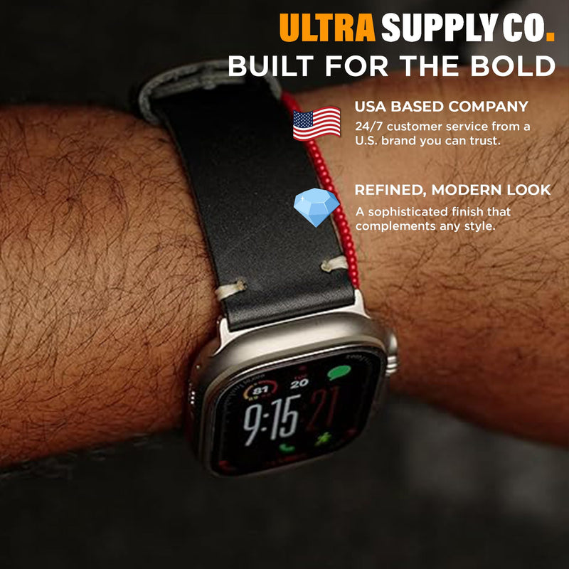 Ultra Supply Co. Leather Band Compatible for Apple Watch Ultra 3, 2, Ultra 49mm & Older Versions - Genuine Top Grain Leather Strap Black