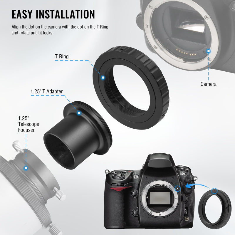 [AUSTRALIA] - Alstar Telescope Photo Adapter for Nikon SLR/DSLR Cameras, T Mount Telescope Camera Adapter Include T2 T Ring for DSLR and T Adapter, 1.25 Inch Telescope Accessory for Astrophotography 