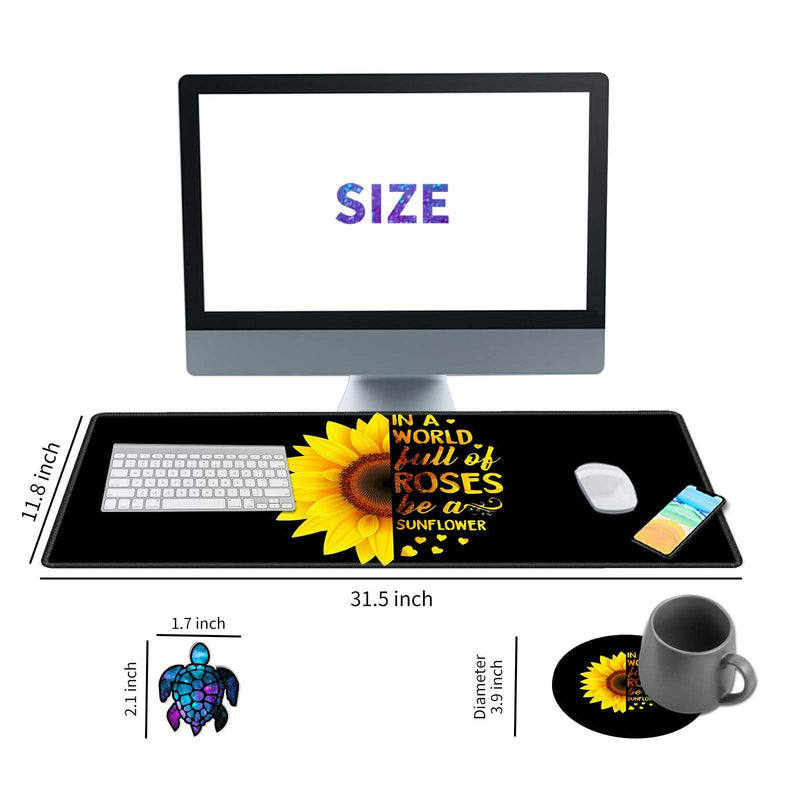 Desk Pad Mat Large Mouse Pad XL Extended Mousepad Gaming with Sunflower Black 31.5" 11.8" Huge Mouse Pads for Computer Laptop Home Office + Cup Coaster and Cute Stickers