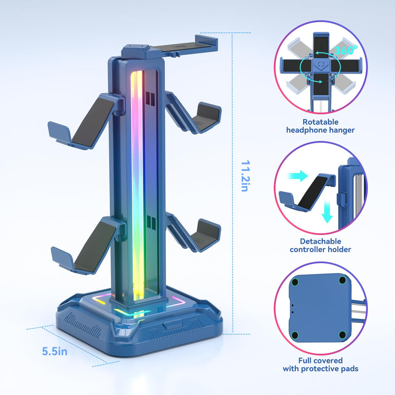 KDD RGB Headset Stand with 9 Light Modes - Controller Holder for Desk - Rotatable Headphone Stand & Detachable Controller Hook for PC Earphone Accessories(Blue) Blue