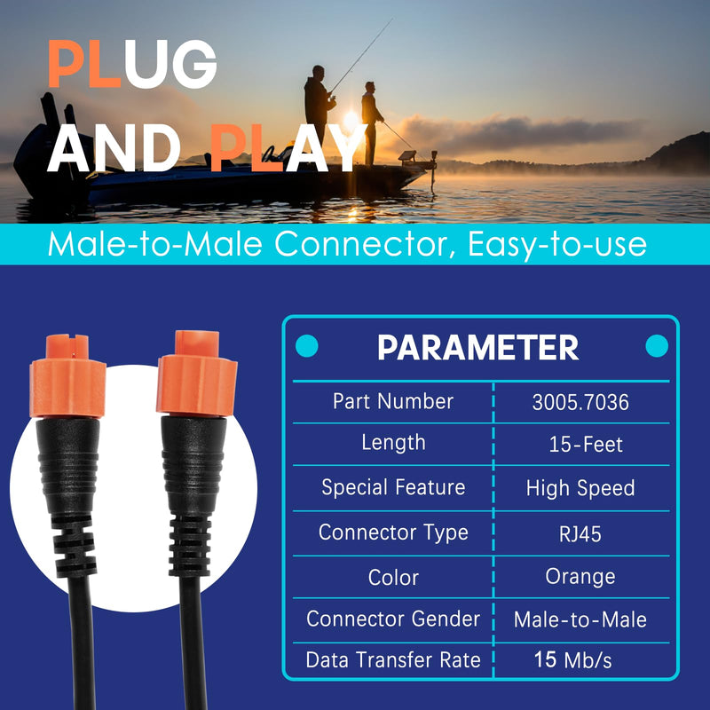 3004.7036 Replacement for Lowrance Ethernet Cable, 15ft (4.5m), Ethext-15Yl | 5-Pin Network Cable, Fit for Most Lowrance Devices, High-Speed, Plug and Play 15 Feet