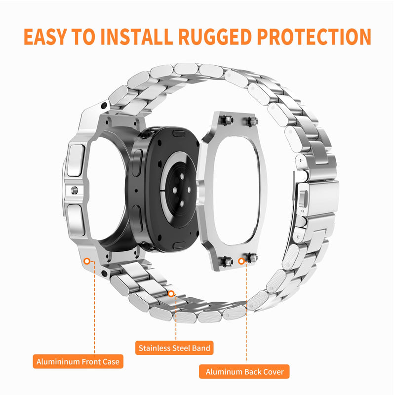 Case with Band for Samsung Galaxy Watch 9 8 44mm, Luxury Metal Face Cover with Tactical Stainless Steel Strap Military Protection for Men, Silver
