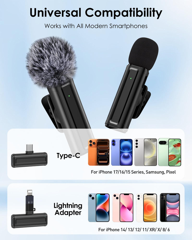 Wireless Mini Microphone for iPhone, iPad, Android, 2 Pack Lavalier Mic with 360° Rotatable Clip, Plug and Play Noise Reduction USB-C Mic for Video Recording YouTube TikTok Podcast Content Creators Black