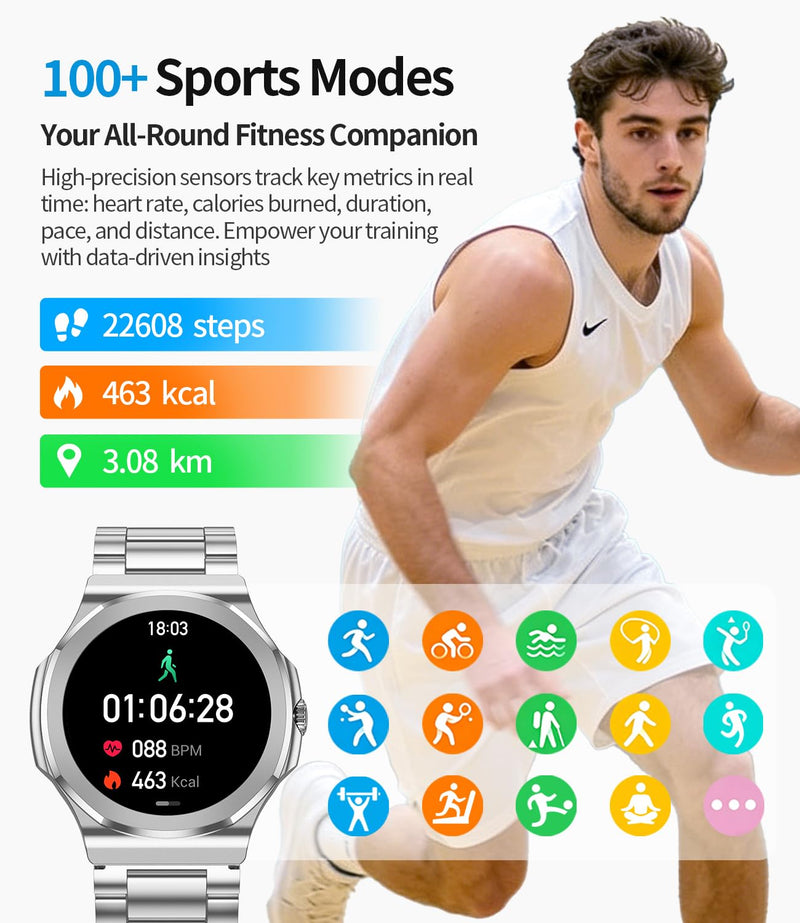 Smart Watch for Men Women, Make/Answer Calls, 1.27 Inch Full Touch Screen | 100+ Sport Modes, IP67 waterproof, health/heart rate/sleep tracking, compatible with Android & iOS, includes 2 straps. White steel belt