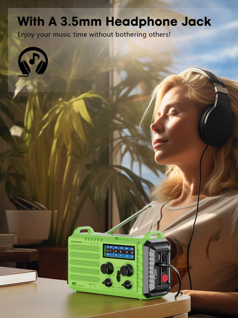 Weather Radio Raynic Solar Hand Crank Emergency Radio 5 Ways Powered AM/FM/SW/NOAA Weather Alert Portable Radio with Flashlight, Reading Lamp (Green) Green