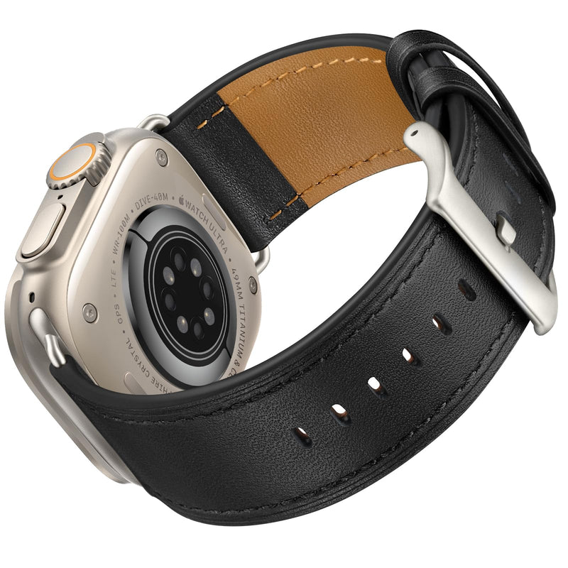 OUHENG Compatible with Apple Watch Band 42mm(Series 10) 41mm 40mm 38mm, Genuine Leather Band Replacement Strap Compatible with Apple Watch (Black+Black/Titanium)