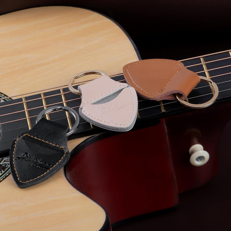 Guitar Picks Holder Keychain with 3 Picks, Genuine Leather Handmade Plectrum Cases Bag (Black) Black