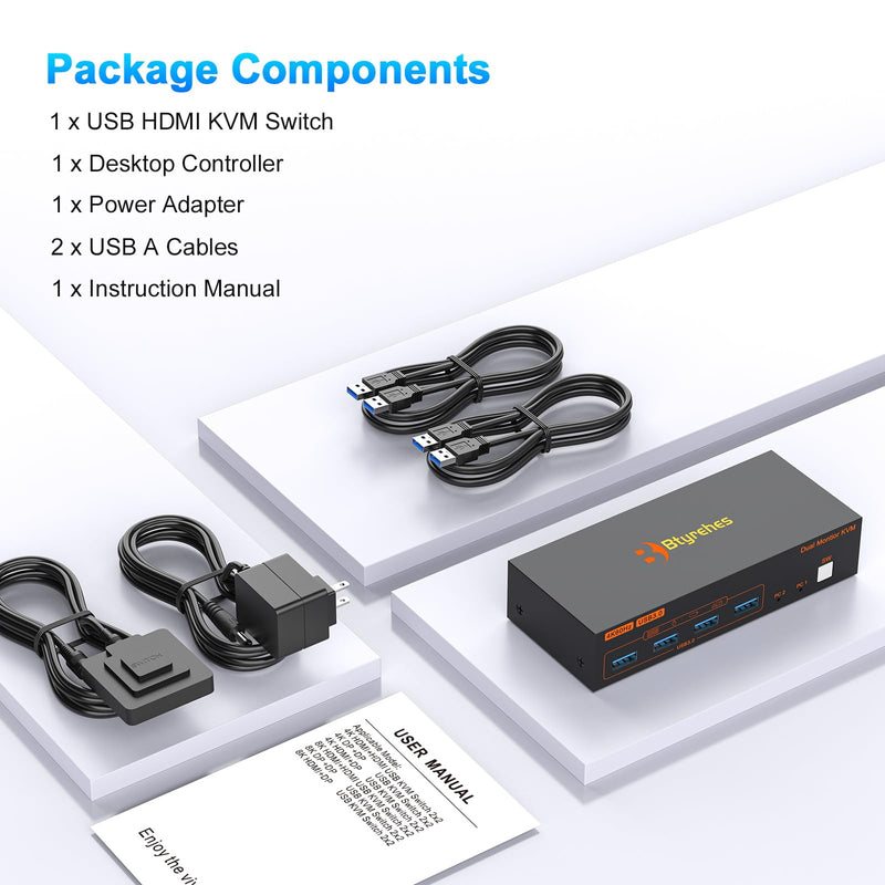4K HDMI KVM Switch 2 Monitors 2 Computers,Dual Monitors KVM Switcher | 4K@60Hz,Support Extended/Copy Mode Share 4 USB 3.0 Hub with 2 USB Cables,Controller Suitable Office Gaming Meeting Plug&Play Orange Black 2 PC 2 Monitors