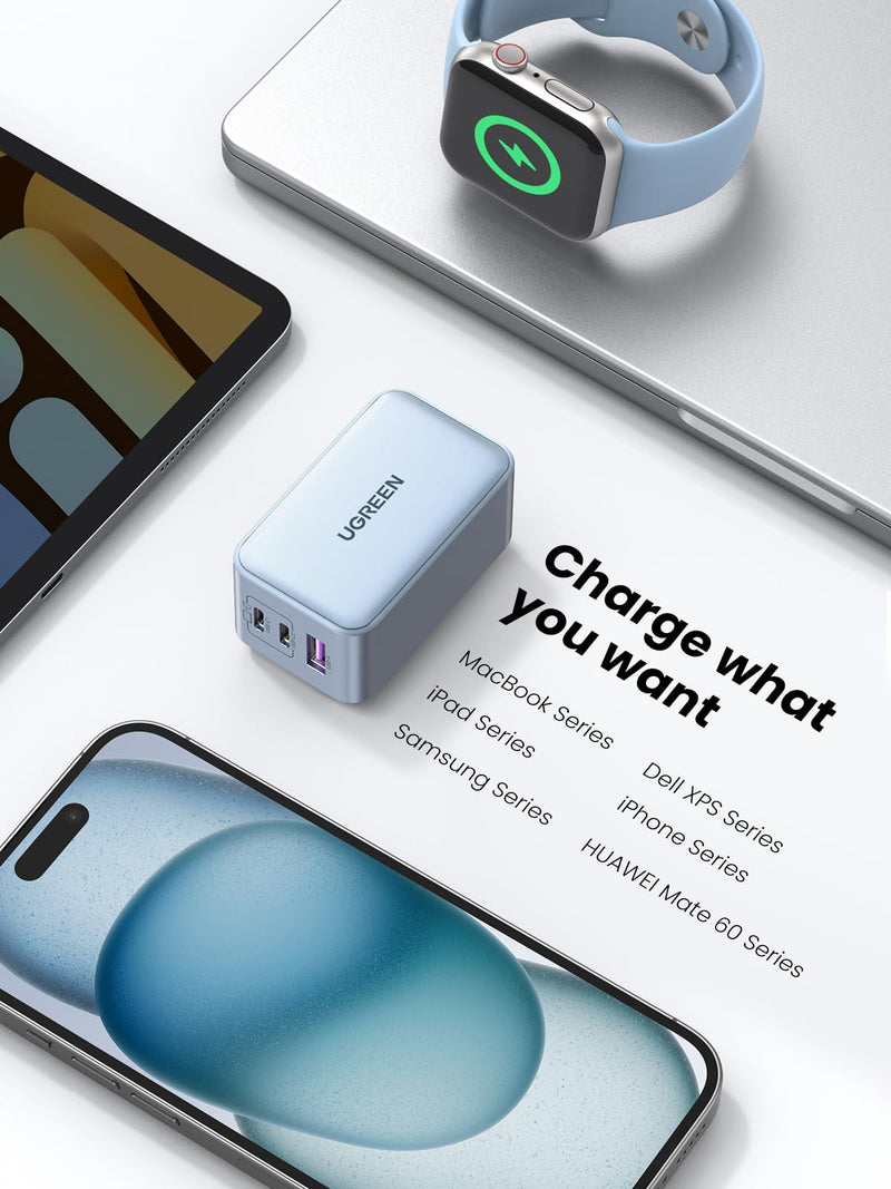 UGREEN 65W USB C Charger, Nexode 3 Ports GaN Fast Charger Block, Compact Foldable Charger for MacBook Pro/Air, Dell XPS, iPhone 15 Pro Max/14/13, iPad Pro, Galaxy S23, Pixel 7 (Glacier Blue) Glacier Blue