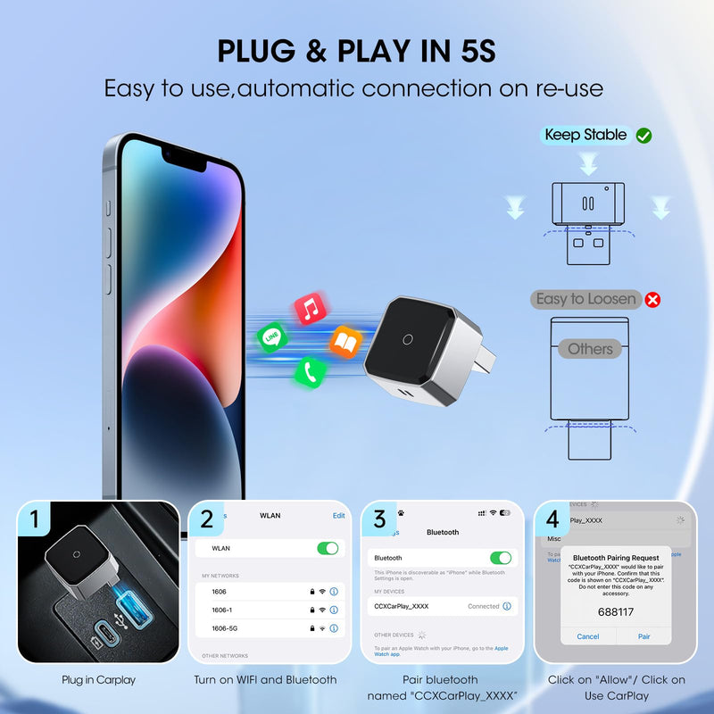Wireless Carplay Adapter for iPhone, Convert Wired to Apple Carplay Wireless Adapter, Mini Size, Plug and Play, Connection Stable No Delay Car Play for Ford Specific Models