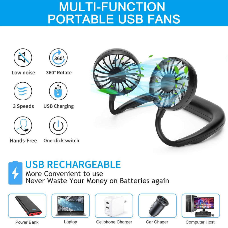 RJVW Portable Neck Fan, Hand Free Personal Hanging Neck Sports Fan USB Rechargeable (3 Speed Adjustable) Wearable Cooling Head Fan,360 Degree Free Rotation for Traveling, Sports, Office, Reading Full Black