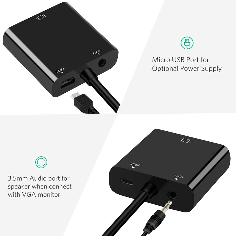 avedio links Micro HDMI to VGA Adapter, Active Micro HDMI to VGA Video Converter with 3.5mm Stereo Audio, Micro HDMI to VGA Cable (Male to Female) Compatible with Laptop, Projector, HDTV, Chromebook