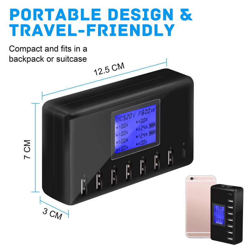 USB Charger, slitinto 60W 12A 8-Port USB Charging Station Multi Port USB Hub Charger Compact Size LCD Display Compatible with iPhone iPad Samsung Kindle Tablet Bluetooth Earbuds and More Black
