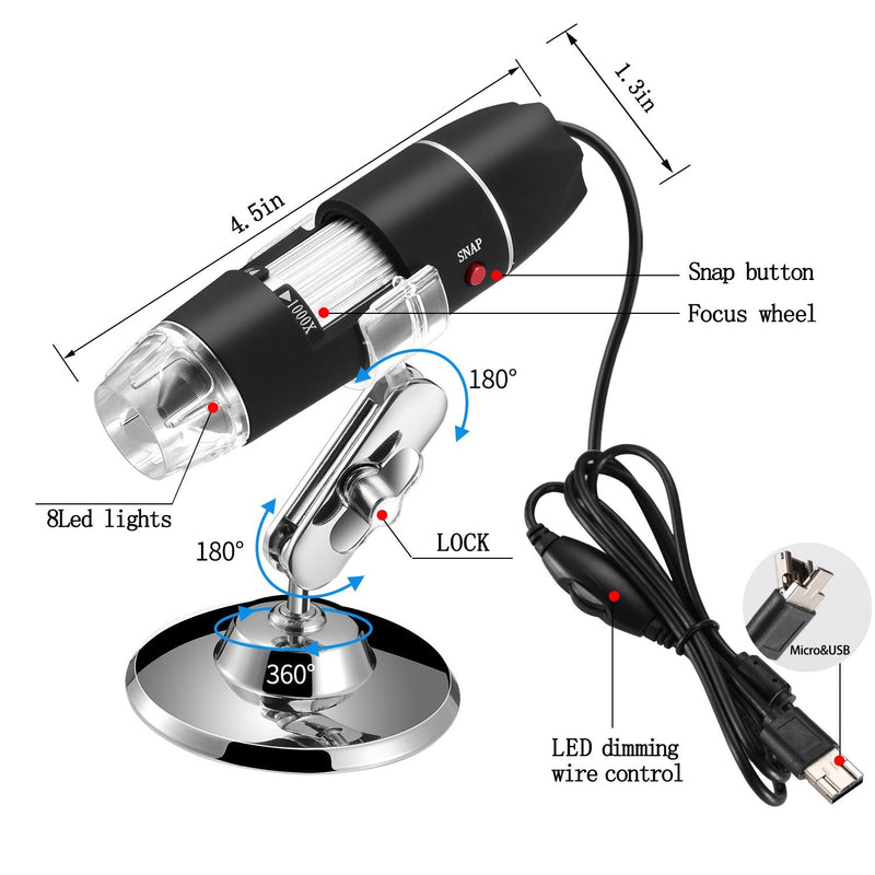 Jiusion Original 40-1000X USB Microscope with Portable Carrying Case, Digital Magnification Endoscope Camera 8 LEDs Metal Base for Android Phone and Tablet, Windows Mac Linux Chrome