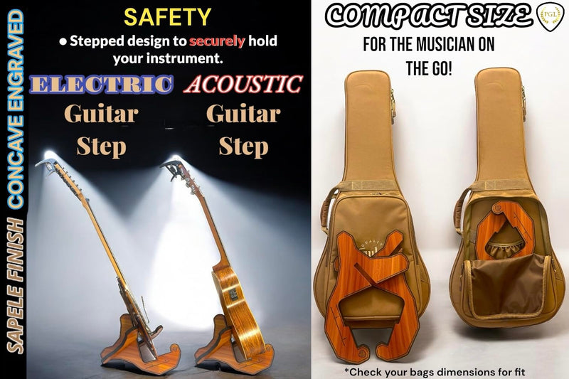 PGL Stepped Wooden Guitar Stand (Floor Stand) w/ Thicker EVA Protective Padding, Thicker Material, Electric Guitar Step, Acoustic Guitar Step, Concave Laser Engraved Diagram and Border, Universal Holder for Acoustic, Bass, Electric & Classical Guitars ...