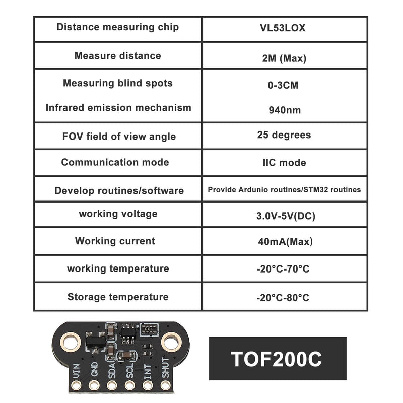 Create idea 1 Set Time of Flight TOF200C (2M) Laser Distance Sensor Module Compatible with ArduinoDEMO, Compatible with STM32 Demo (40mA 25°)