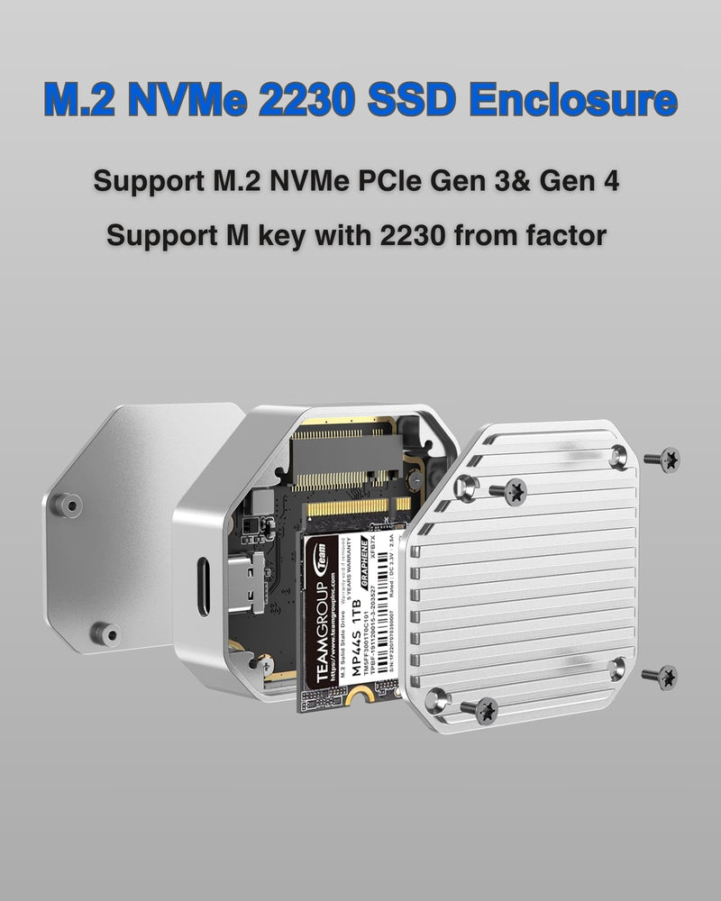 2230 SSD Enclosure, M.2 NVMe SSD Enclosure, 10Gbps USB-C 3.1, Supports M.2 M Key & B+M Key Size 2230mm External SSD Drive Enclosure | Light Grey Ge-MC13-USLG