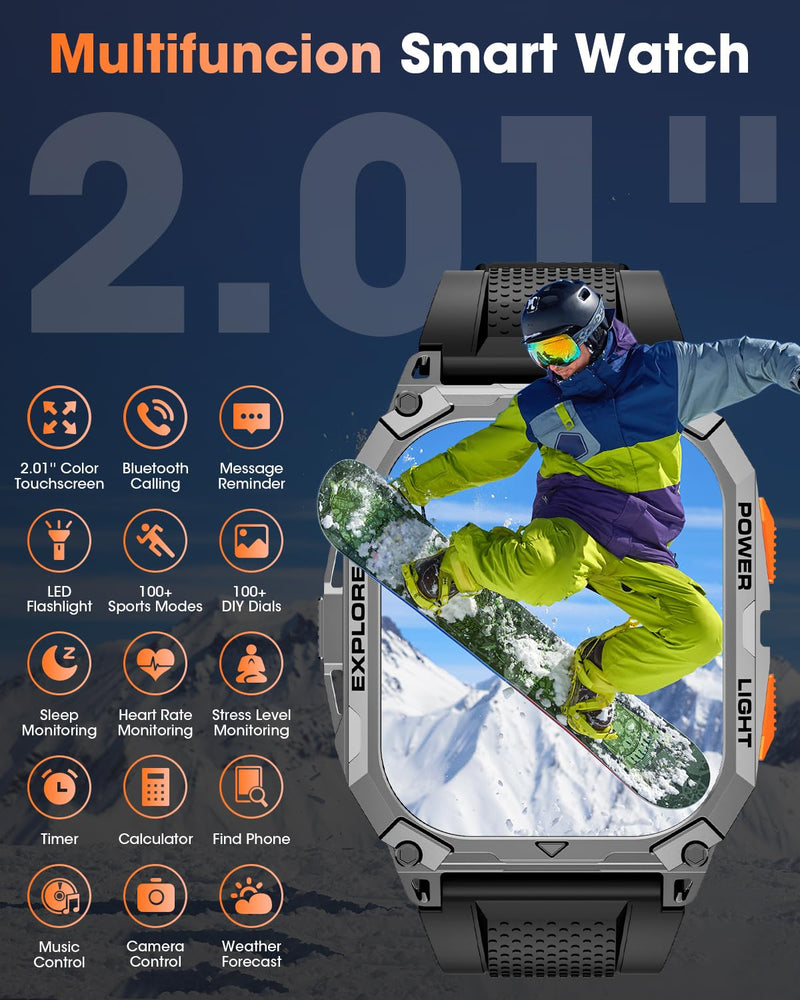 Military Smart Watches for Men, 2.01" HD Smartwatch with 1000 mAh Battery/2 Straps/Answer/Make Call/Led Flashlight/Heart Rate/Sleep Monitor, 100+ Sport Modes Fitness Tracker for Android/iPhone