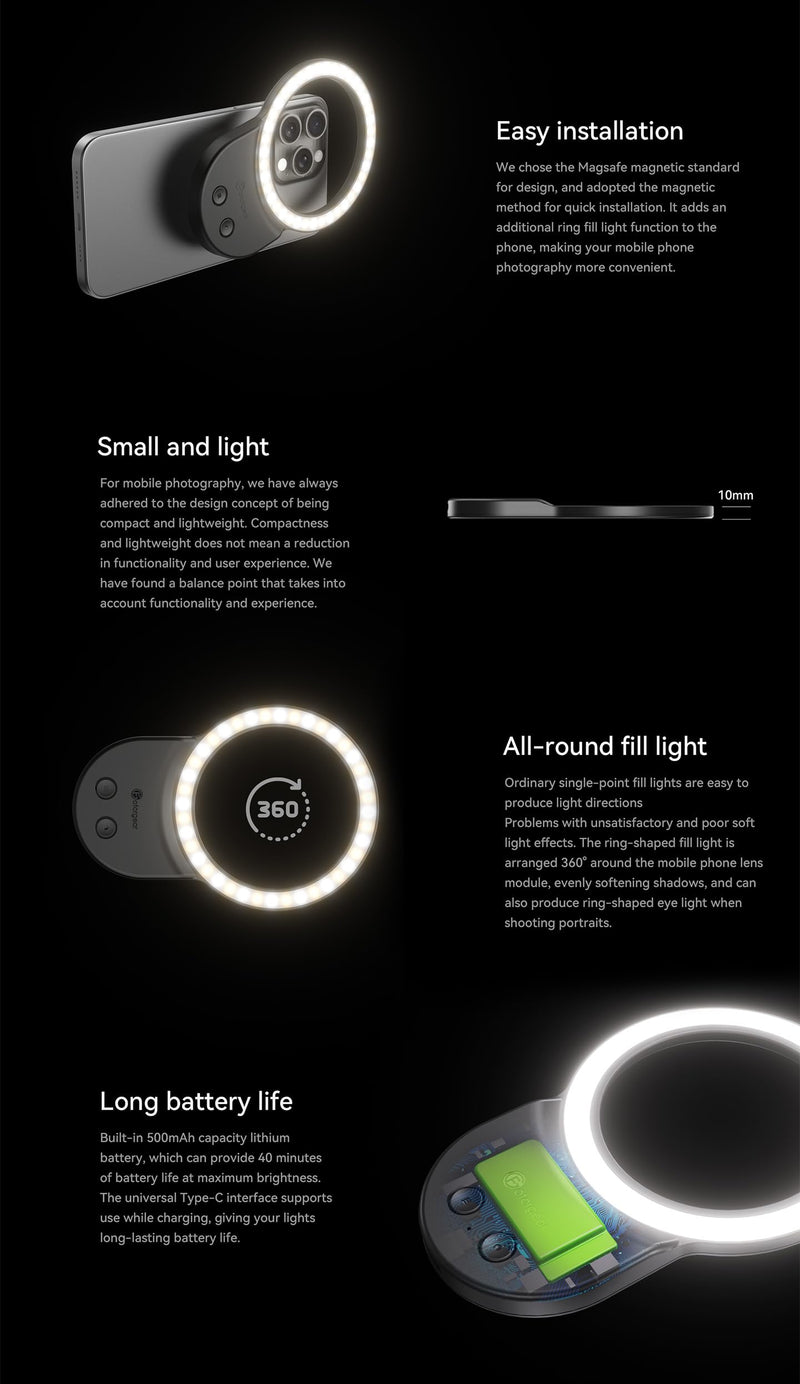 Phone Light, Selfie Light Magnetic, Video Light Compatible with iPhone Android, Tablet, Camera, Laptop Camera Photography, 3 Adjustable Light Modes, Beauty Selfie Ring Light - Black