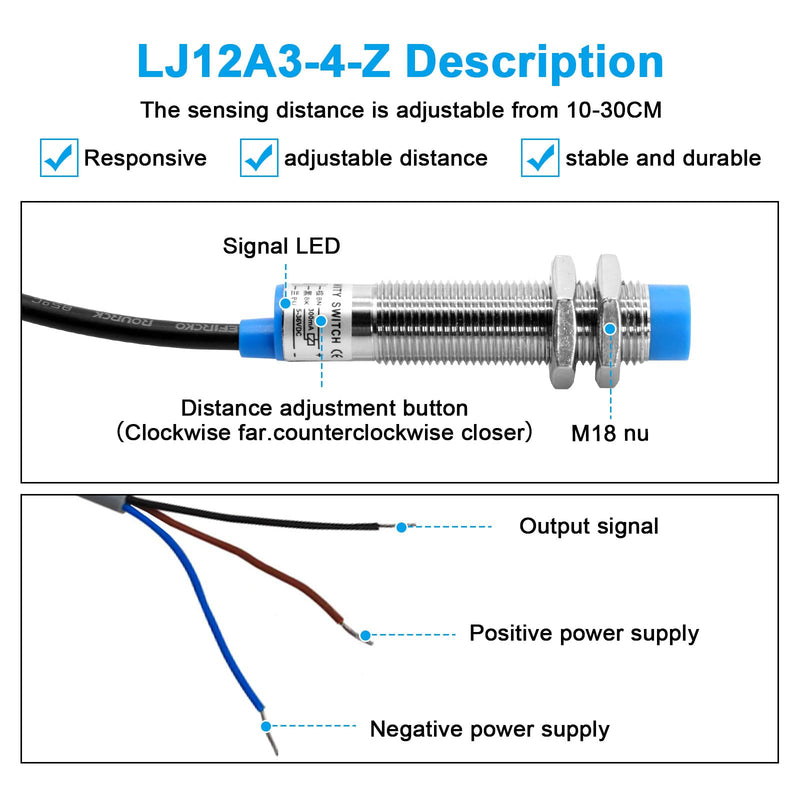 LJ12A3-4-Z BX Proximity Sensor RUIZHI Pack of 5 LJ12A3-4-Z Switch Sensor/Switch Inductive Metal Inductive NPN Normally Open 3-Core DC 6-36V Compatible with Arduino