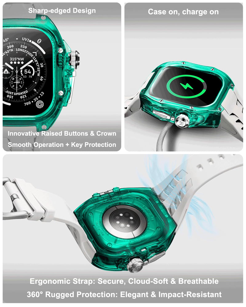 Rugged Case with Band for Apple Watch Ultra 3/2/1 49mm, Translucent Heavy Duty Case with Military Sport Strap for Men, Tactical Grade Shockproof Bumper Cover for iWatch, G-WR Green/White 49mm Ultra 3/2/1