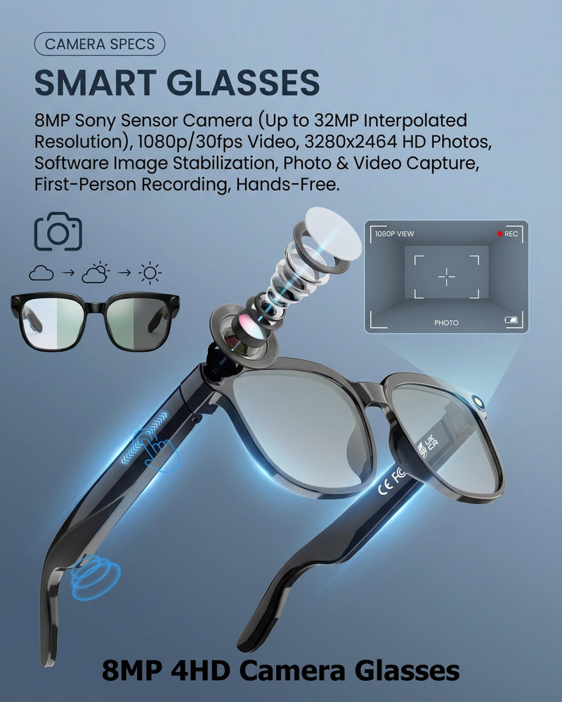 AI Smart Glasses with Camera and Audio for Travel & Meetings | 4K HD Video Recording, 8MP Camera, AI Voice, Real-Time Translation, Photochromic Lenses, IP65 Waterproof