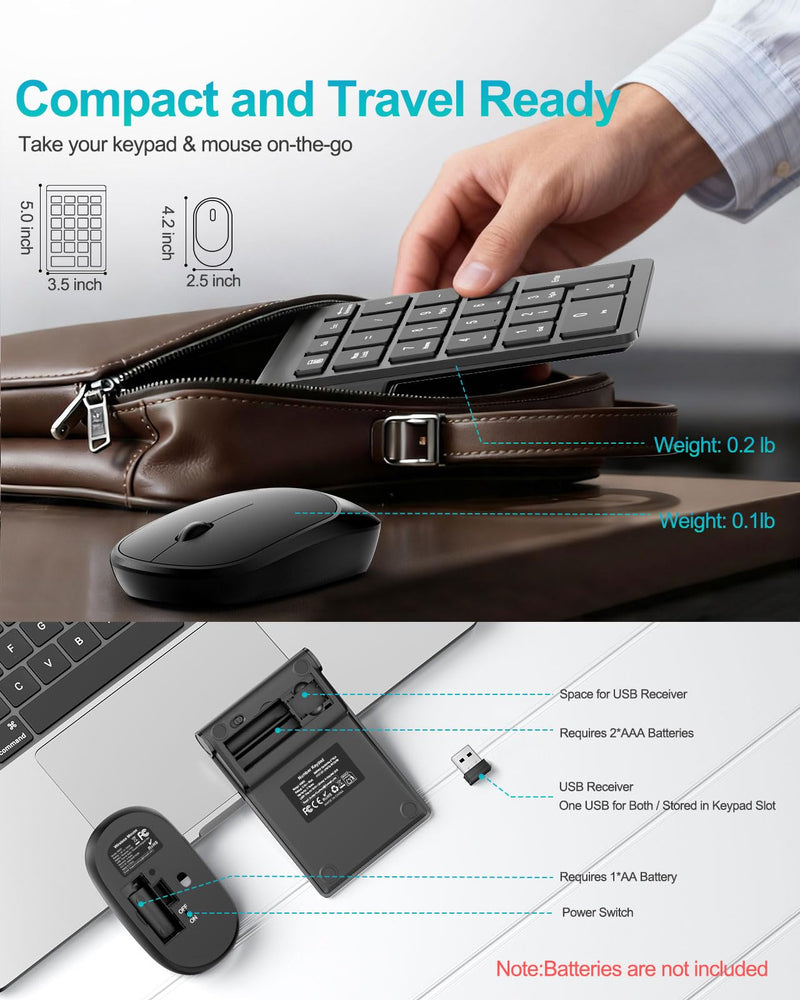 Lekvey Wireless Number Pad, Numeric Keypad and Mouse Combo | 22 Keys & Mouse Set, Share One 2.4G USB, Compact Portable Slim, 10 Key Numpad, for Laptop, Mac, Notebook, PC, Computer, Black