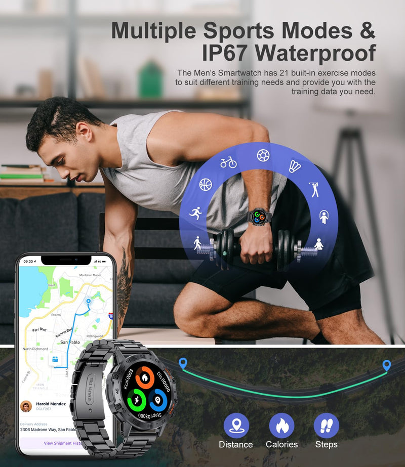 SUNKTA Military Smart Watch for Men(Answer/Dial Calls),100 Sports Modes, 5ATM Waterproof Fitness Watch with Heart Rate/SpO2/Blood Pressure for Android and iOS,1.39''HD DIY Screen Smartwatch Black