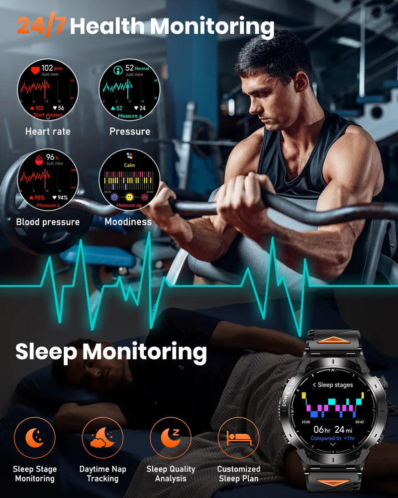 GPS Military Smart Watch for Men with Flashlight, 1.43'' AMOLED Smartwatch with Bluetooth Calling, 730mAh Battery, IP68 Waterproof, 170+ Sports Modes, Compatible with Android & iPhone