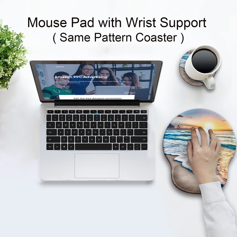 Ergonomic Mouse Pad with Wrist Support Rest,[ 20% Larger] Mousepad Gel Wrist Rest , with Coaster Non-Slip & Pain Relief for Computer, Desk, Home&Office-Beach N-Beach